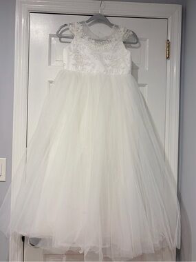 White Lace & Tulle Flower Girl Dress Girls Size 8/10